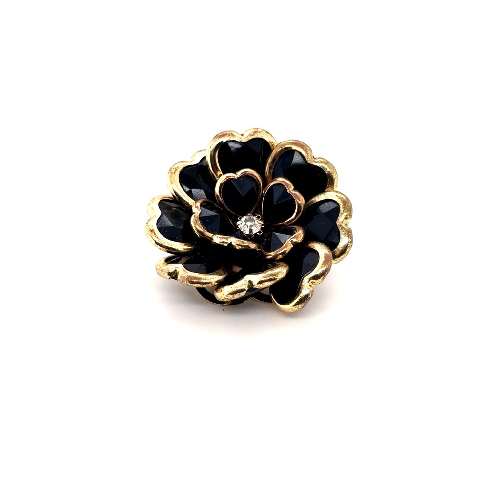 Paparazzi Black Flower Statement Ring Gold Tone Stretch Band Crystal Center
